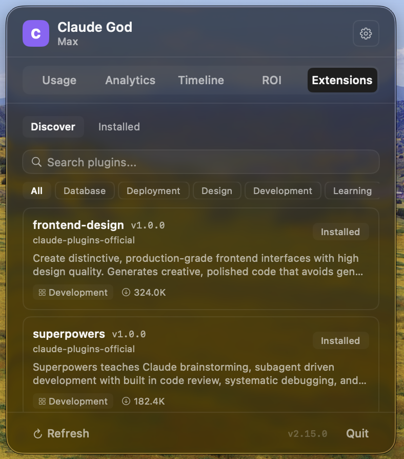 Extensions tab — discover and install plugins