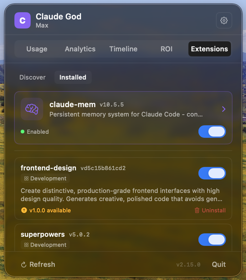 Extensions tab — manage installed plugins