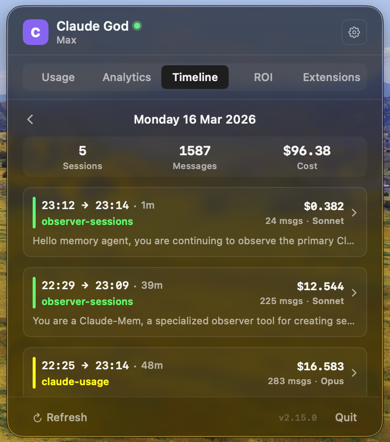 Timeline tab — session history with topics and costs
