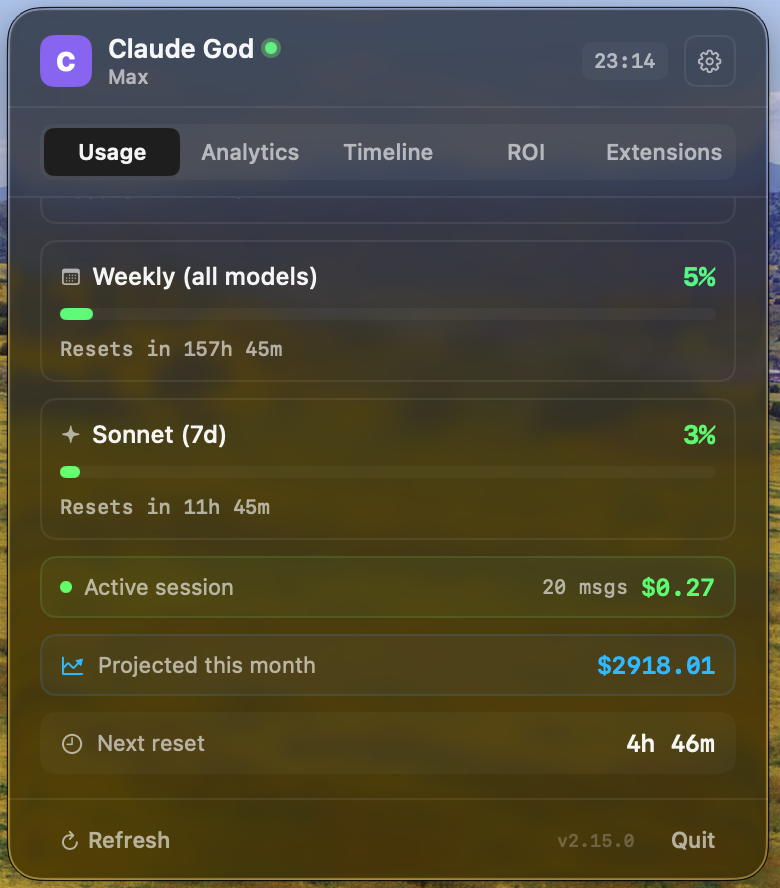 Usage tab — quota gauges, burn rate, live session cost